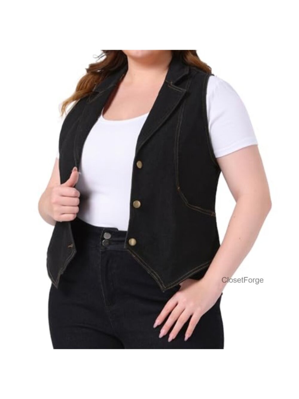 Plus Size Denim Vest Sleeveless Casual Jean Vest Jacket for Women Lapel Button